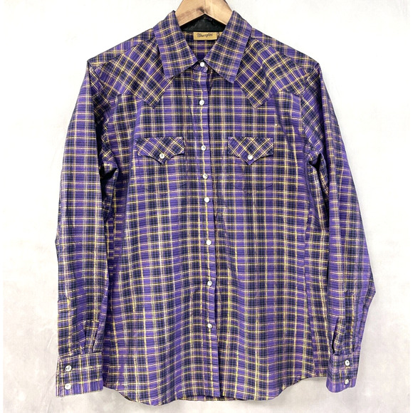 Wrangler Western Shirt Metallic Gold Purple Womens Large Rhinestone Snap Cowgirl - Picture 1 of 9